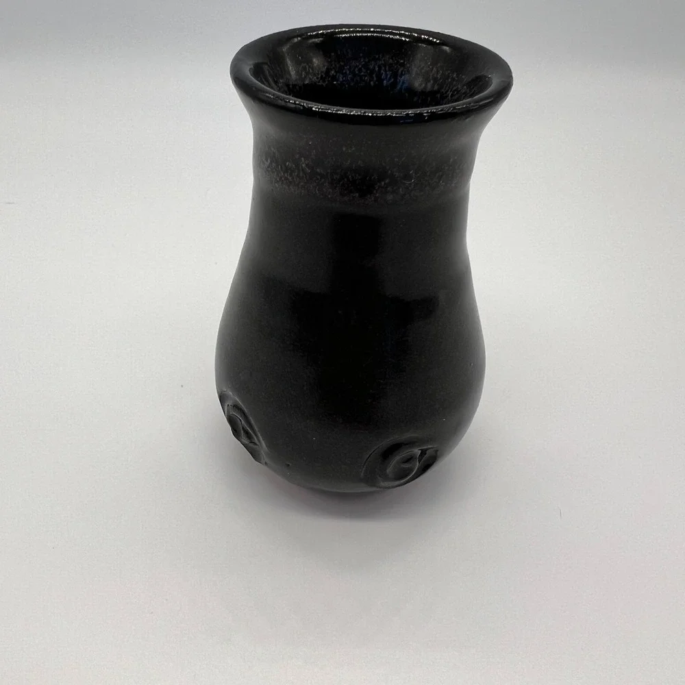 Black Pottery Bud Vase‎ with Swirls Slight Ombre Neck Artist Signed Minimalist